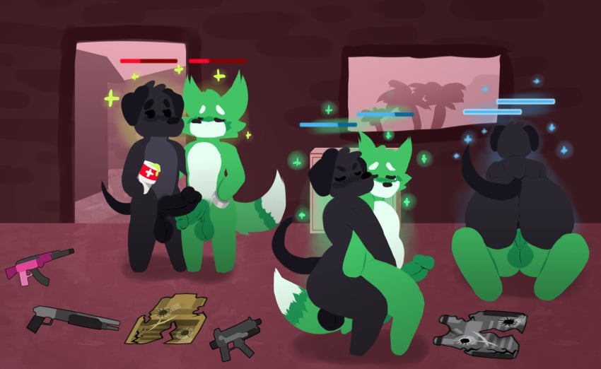 absurd_res anthro ass balls big_butt black_balls black_body black_fur canid canine canis domestic_dog duo fox frottage fur genitals grabbing_from_behind green_balls green_body green_fur gun hi_res kingzel male male/male mammal on_top penetration penis pixile_studios ranged_weapon sex shy super_animal_royale tail weapon