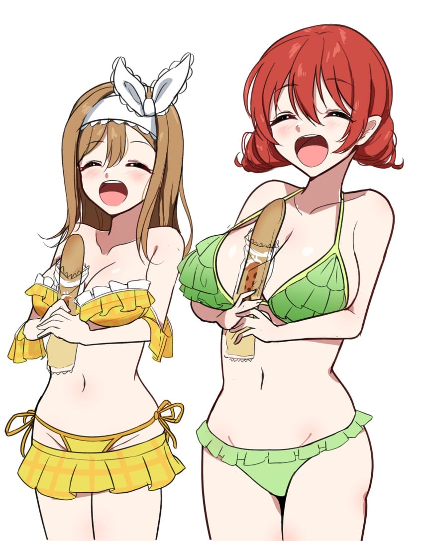 2girls baguette closed_eyes emma_verde frilled_swimsuit happy huge_breasts kunikida_hanamaru love_live! medium_breasts open_mouth wide_open_mouth