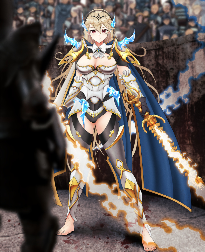 1girls alternate_costume angry arena ass_visible_through_thighs audience bare_thighs black_panties blonde_hair breasts cape cleavage cleavage_cutout corrin_(fire_emblem) corrin_(fire_emblem)_(female) defeated female female_focus fire fire_emblem fire_emblem_cipher fire_emblem_fates frown gloves hair_between_eyes hairband inner_thighs knight large_breasts long_hair looking_back magic nintendo panties public red_eyes sakurein solo_focus standing sword thighhighs thighs underwear weapon yato_(fire_emblem)