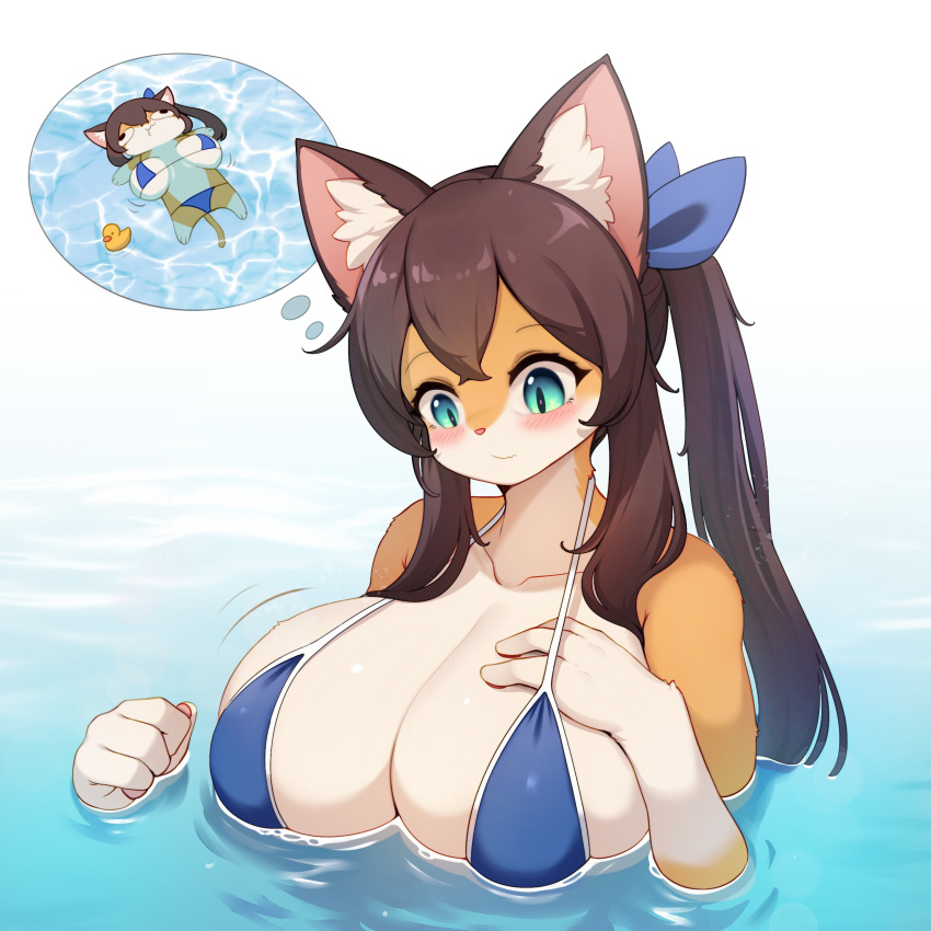 1girls anthro big_breasts bikini blue_eyes blush bodily_fluids breasts brown_hair clothing derp_eyes domestic_cat drooling felid feline felis female female_only fur hair hi_res huge_breasts in_water mammal nana_(whooo-ya) orange_body orange_fur original saliva slit_pupils solo swimwear tail thought_bubble water whooo-ya