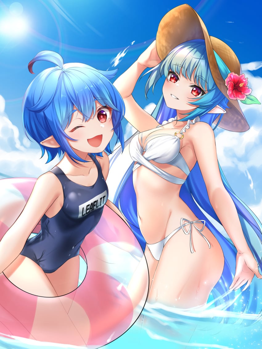 2girls angel_sword_studios asari_mitshuha bikini blue_hair breasts elf_ears flat_chest indie_virtual_youtuber leaflit milf mother_and_daughter one-piece_swimsuit red_eyes smile swimsuit two_piece_swimsuit virtual_youtuber water wide_hips