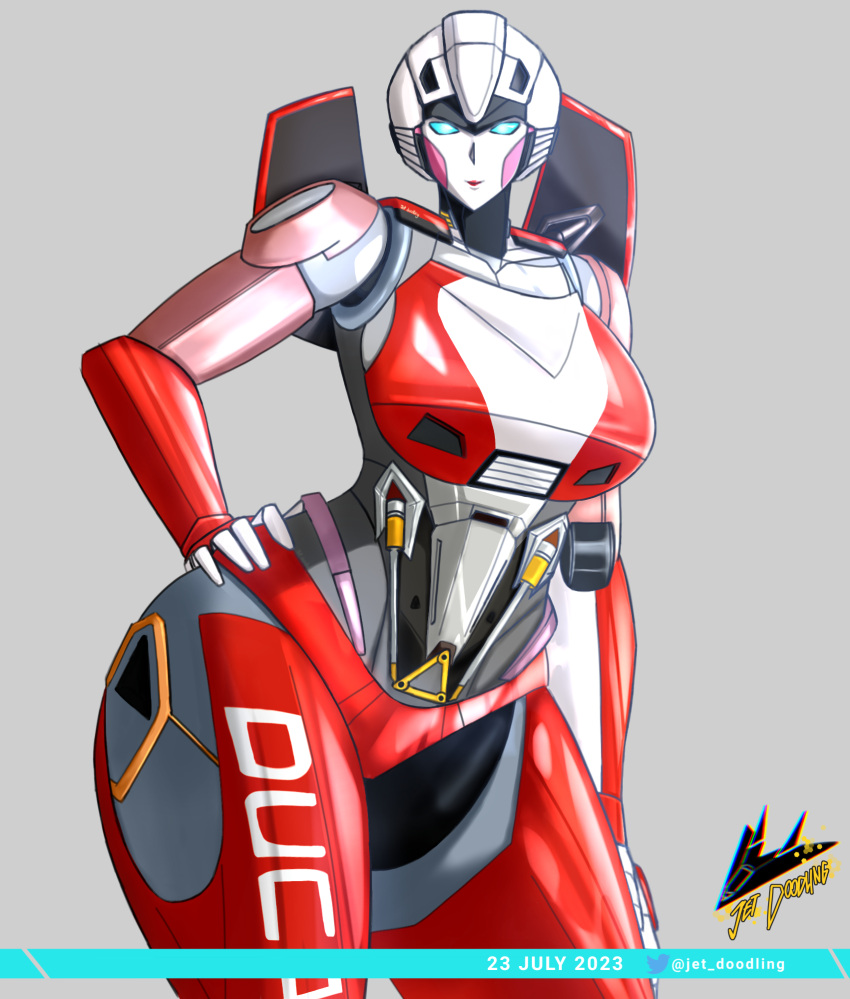 1girls 2023 arcee arcee_(rotb) autobot curvy curvy_body curvy_female curvy_figure female female_autobots female_only grey_background hand_on_hip hourglass_figure jet_doodling pose posing robot robot_girl robot_humanoid solo thick_thighs transformers transformers_rise_of_the_beasts twitter_username wide_hips