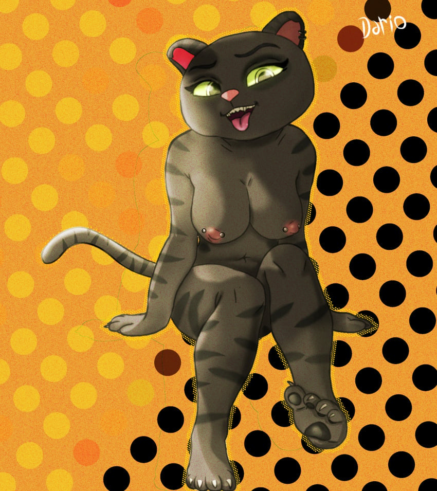 anthro breasts catty_baby darioriz domestic_cat eyelashes feet felid feline felis female hi_res mammal nipple_piercing nipples nude piercing pinup pose smile solo tail tito_lizzardo_and_catty_b tongue tongue_out