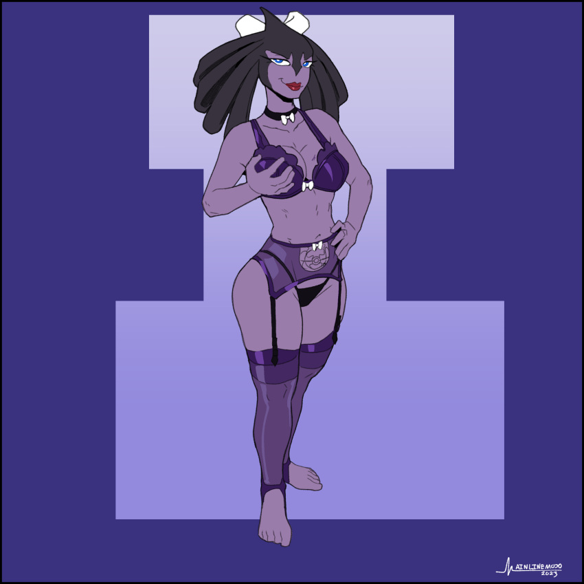 bedroom_eyes big_ass big_breasts blue_eyes choker female garter_straps generation_5_pokemon gothitelle greasymojo lingerie pokémon_(species) pokemon pokemon_(species) purple_skin ribbon slim_waist smile standing