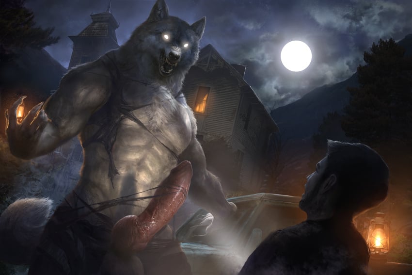 2021 abs after_transformation anthro black_nose bottomwear building canid canine canis chest_tuft claws clothing cloud duo fangs finger_claws full_moon fur glowing glowing_eyes grey_body grey_fur growling halloween hi_res highres holidays house human lamp lantern light looking_at_another male male_focus male_only mammal moon moonlight muscular night open_mouth outside pants rakan_(werewolf) ripped_clothing shirt sky smile topwear torn_bottomwear torn_clothing torn_pants torn_shirt torn_topwear transformation tuft were werecanid werecanine werewolf wolf