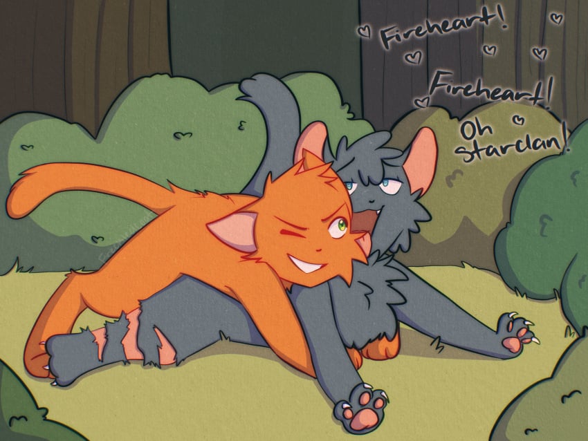 4:3 cinderpelt_(warriors) disability domestic_cat duo felid feline felis female feral firestar_(warriors) freckledcoat heart hi_res male male/female mammal medicine_cat one_eye_closed open_mouth scar warriors_(cats)