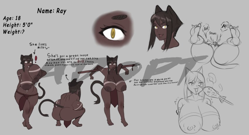 adoptable areola black_hair breasts cat_ears cat_tail catgirl character_profile dark-skinned_female dark_skin english_text huge_breasts long_breasts long_hair neko soks(artist) solo solo_female text thick_thighs wide_hips