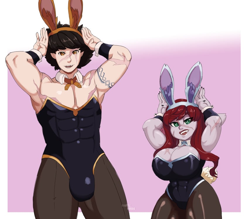 1boy 1girls abs absurd_res big_breasts black_hair bulge bunny_ears bunny_ears_(cosmetic) bunny_pose bunny_tail bunnysuit detached_collar easter female green_eyes grey_(little_ddraig) league_of_legends little_ddraig long_hair looking_at_viewer male medium_hair muscular muscular_female muscular_male orange_eyes original_character pantyhose penis_bulge pose red_hair scar scar_across_eye scar_on_face scars_all_over shortstack size_difference smiling smiling_at_viewer wrist_cuffs yordle