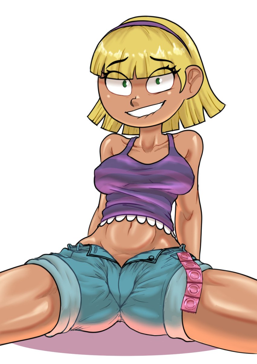 1girls biting_lip blonde_hair clothed clothed_female condom female green_eyes hey_arnold! jeans midriff olga_pataki presenting_pussy purple_clothing purple_shirt short_jeans smiling_at_viewer solo tagme tanned tanned_female tanned_skin tullymonst3r white_background