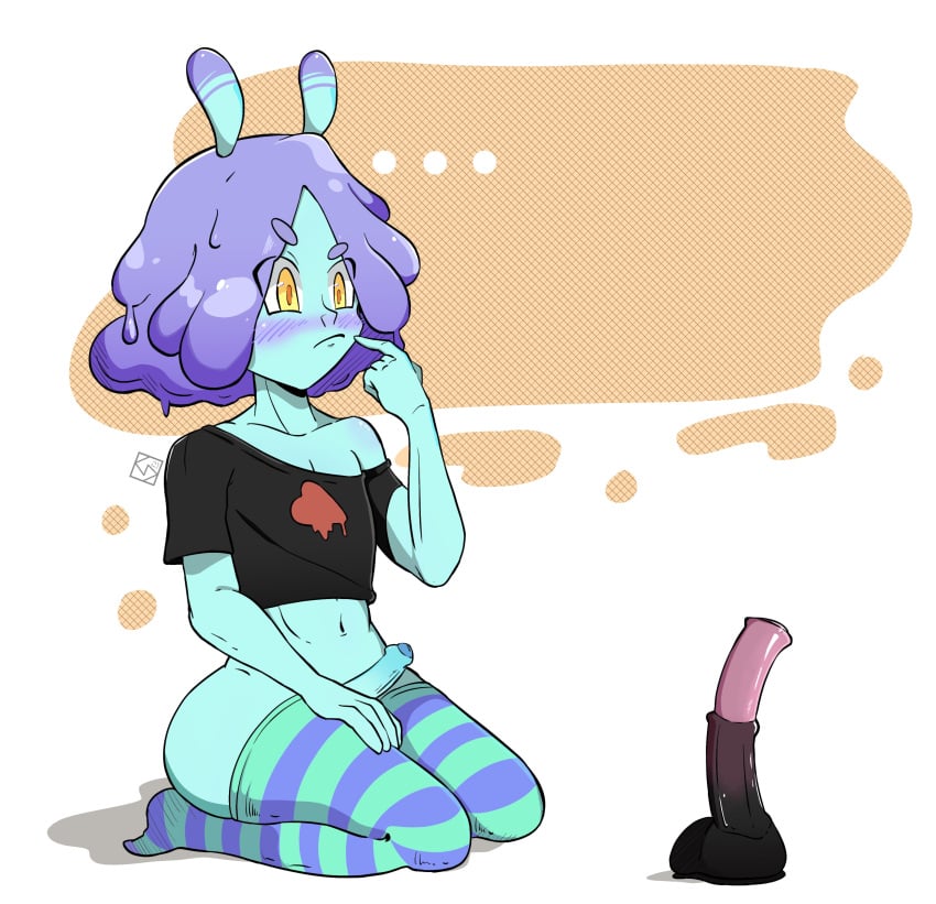 androgynous animal_penis antennae blush dildo feminine gastropod gay horsecock horsecock_dildo indie_virtual_youtuber light_blue_skin non-human purple_hair sitting slimy slug small_penis smuttygrey solo squishy stripes theloveslug_(vtuber) thighhighs thighs thinking twink virtual_youtuber yellow_eye