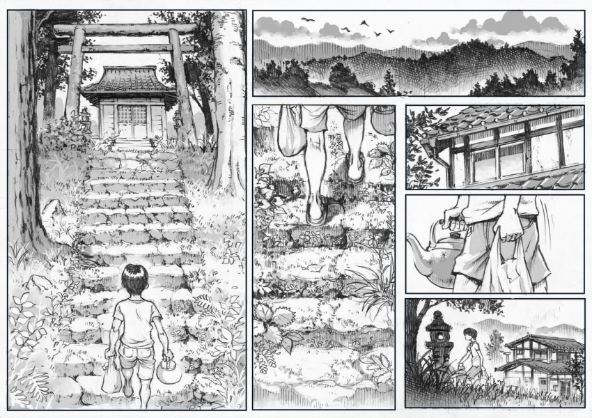 double_deck food hair house human japan male mammal monochrome short_hair shrine tea