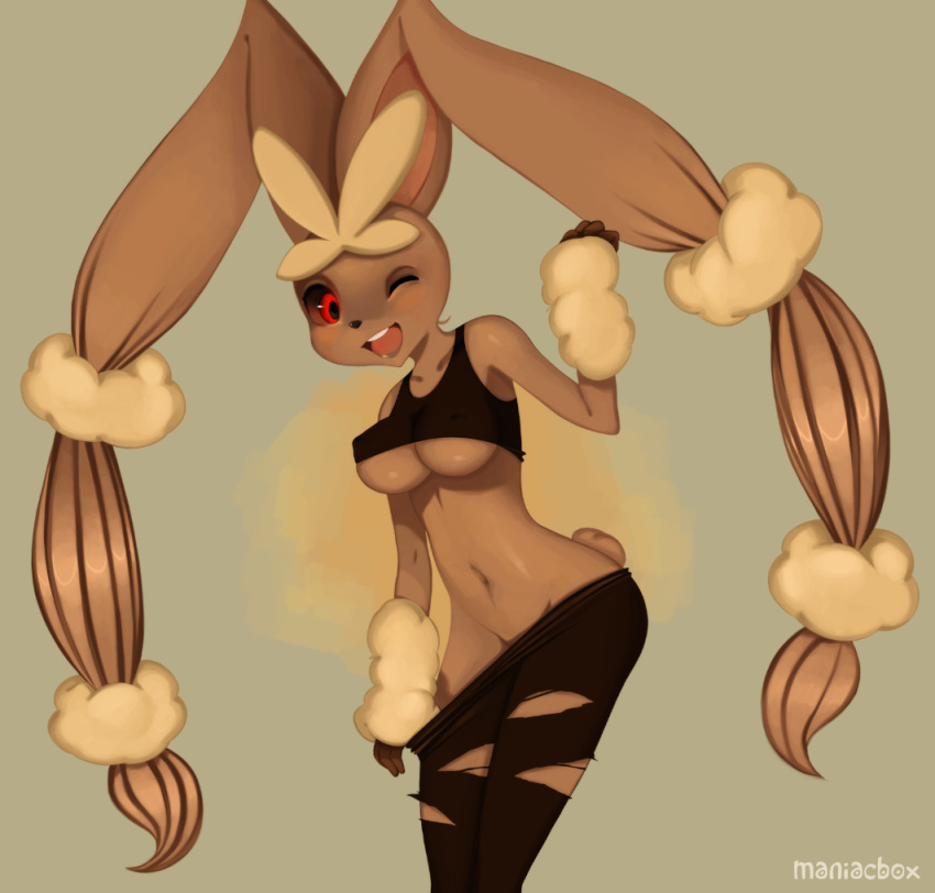 animal_ears anthro black_sclera breasts brown_fur bunny_ears covered_nipples crop_top female furry lopunny maniacbox mega_evolution mega_lopunny mega_pokemon navel nintendo open_mouth pantyhose pokemon pokemon_(game) pokemon_(species) pokemon_oras rabbit red_eyes smile solo standing tail tank_top toned torn_clothes torn_pantyhose underboob undressing wink