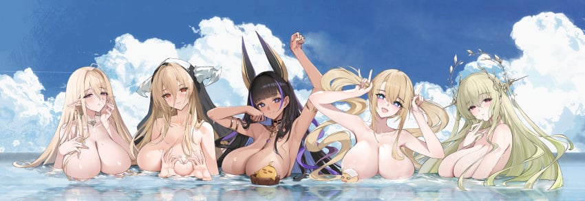 ahoge animal_ears armpits arms_up azur_lane bathing big_breasts black_hair blonde_hair blue_eyes blue_sky blush breasts choker cleopatra_(azur_lane) cloudy_sky collarbone colored_inner_hair dark-skinned_female earrings elf fake_horns female gouden_leeuw_(azur_lane) green_hair guam_(azur_lane) hair_between_eyes heart_hands hi_res implacable_(azur_lane) long_hair looking_at_viewer mole_under_eye napoli_(azur_lane) nude nude_female nun pointy_ears purple_hair red_eyes tan_body third-party_edit twintails veil water wet_body wet_hair