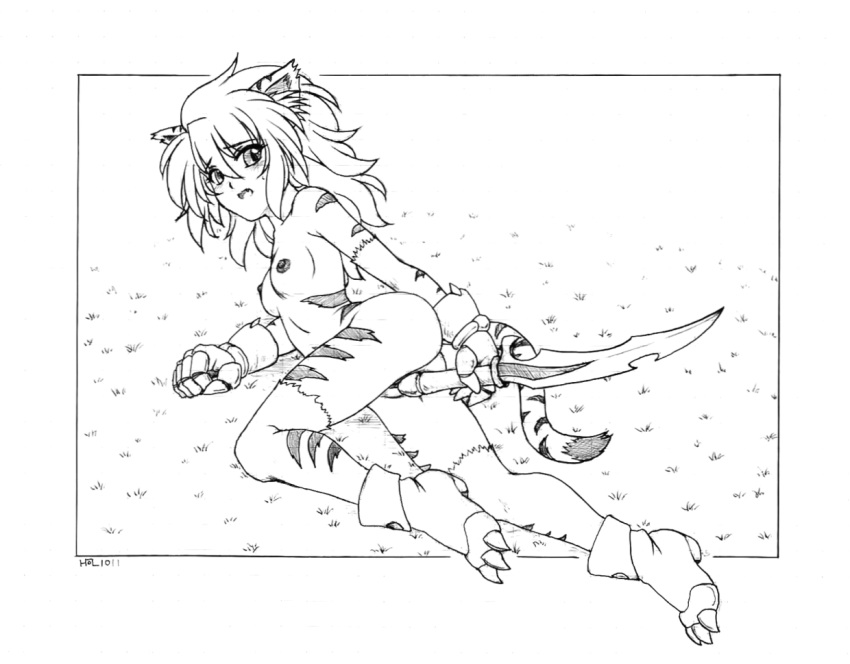 animal_ears boots border borrowed_character female fuurin_rei gloves graphite_(medium) greyscale harumachi_nagaaki knife looking_back lying masturbation monochrome nipples open_mouth original solo tiger_ears traditional_media weapon