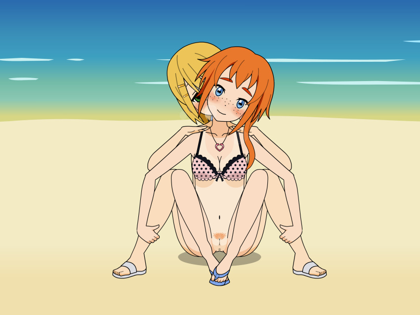 2girls anus beach bikini blonde_hair bottomless breasts cleavage collar female freckles heart_necklace kisekae_2 multiple_girls orange_hair original outdoors pubic_hair pussy sandals swimsuit tanline undressing yuri