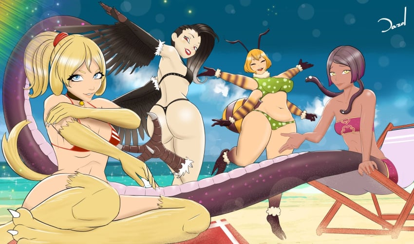 4_arms animal_ears antennae ass_focus asymmetrical_hair beach beach_towel bee_girl big_breasts bikini bikini_bottom bikini_top bird_girl blonde_hair cleavage dark_skin dazol dog_ears dog_girl dog_tail feathered_wings harpy huge_breasts humanoid kaori_kurotori large_breasts light_skin lipstick long_hair looking_at_viewer miela_honeywood mostly_clothed multi_arm multi_limb naga open_mouth ponytail rainbow short_hair snake_girl tagme tail toned toned_female veronika_shaffer wings yellow_fur