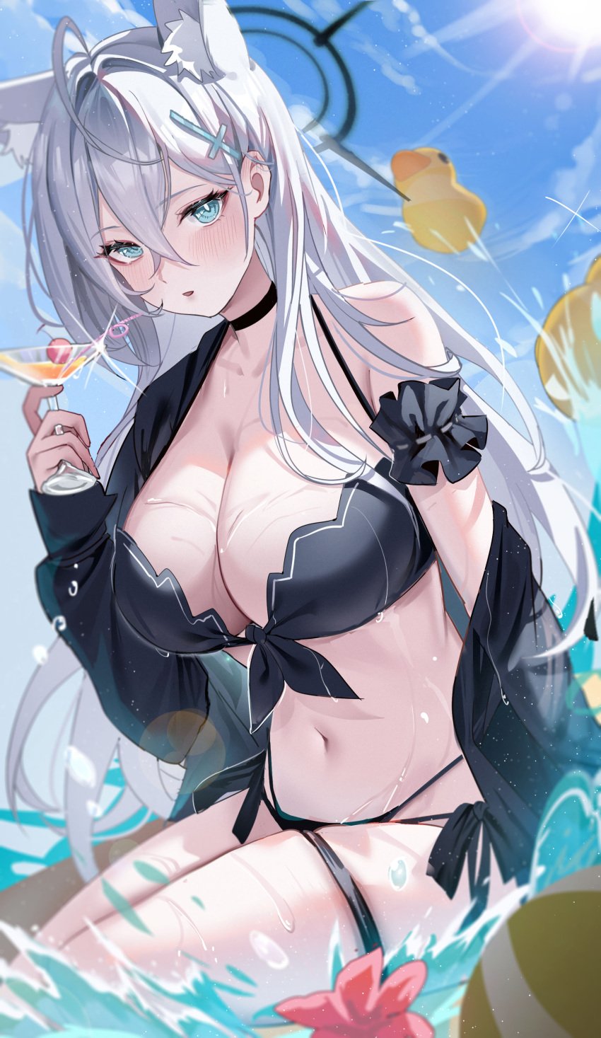 1girls abydos_high_school_student belly_button big_breasts bikini blue_archive blue_eyes breasts choker cocktail drink hair_between_eyes heterochromatic_pupils holding_object huge_breasts light_skin long_hair shiroko_(blue_archive) shiroko_(terror)_(blue_archive) silver_hair tansuan wet white_pupil wolf_ears