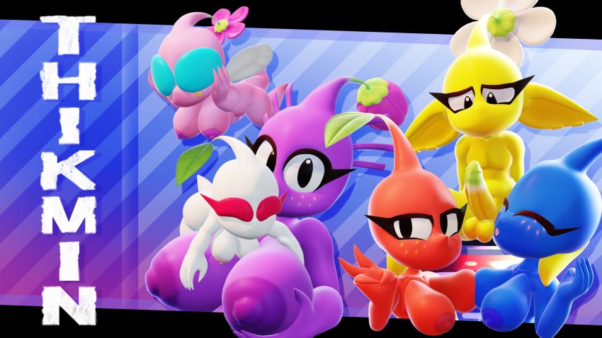 3d 3d_(artwork) blender blender_(software) blue_body blue_pikmin breasts dick ear_piercing earrings eyes flower flying lui luiske476 model_release mouth pikmin pikmin_(species) pink_body purple_body purple_pikmin red_body red_pikmin white_body white_pikmin winged_pikmin wings yellow_body yellow_pikmin