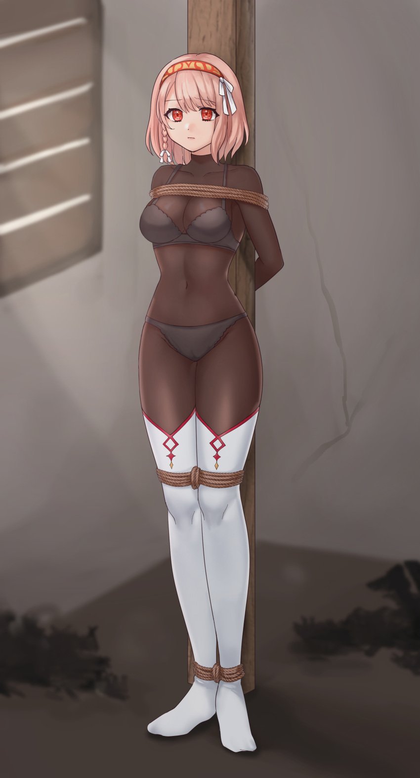 1girls absurdres arms_behind_back bodystocking bondage bound bound_ankles bound_legs bound_to_pole bra braid breasts cleavage commentary_request covered_navel female female_only femsub fire_emblem fire_emblem_engage full_body full_bodystocking hair_ribbon hairband hazuki_(nyorosuke) highres indoors lapis_(fire_emblem) large_breasts looking_at_viewer nintendo no_shoes panties partially_visible_vulva pillar pink_hair red_eyes red_hairband restrained ribbon rope short_hair single_braid solo standing thighhighs thighs underwear white_bra white_panties white_ribbon white_thighhighs