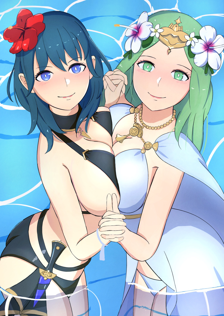 2girls alternate_costume bikini black_bikini black_swimsuit blue_eyes breast_press breasts byleth_(female)_(summer)_(fire_emblem) byleth_(fire_emblem) byleth_(fire_emblem)_(female) female female_only fire_emblem fire_emblem:_three_houses fire_emblem_heroes green_eyes green_hair holding_hands large_breasts looking_at_viewer mgnk33 multiple_girls nintendo official_alternate_costume rhea_(fire_emblem) rhea_(summer)_(fire_emblem) swimsuit symmetrical_docking teal_hair white_bikini white_swimsuit yuri