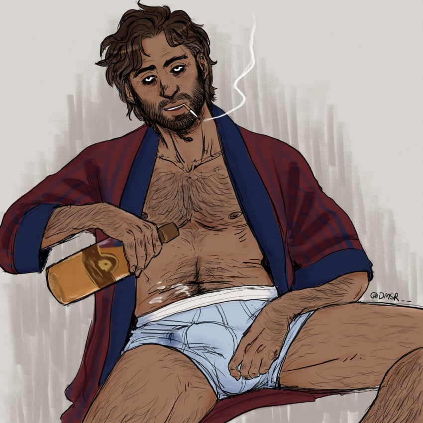 1boy beard body_hair chest_hair cum cum_on_self dmsr_ hand_on_crotch john_gaius leg_hair male male_only open_shirt precum precum_through_clothing smoking the_locked_tomb