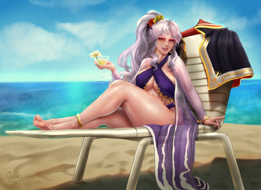 1girls alternate_costume bare_legs barefoot beach bikini breasts cleavage drink female female_only fire_emblem fire_emblem:_genealogy_of_the_holy_war glass gloves grey_hair ishtar_(fire_emblem) large_breasts legs long_hair looking_at_viewer lopto nintendo ocean orange-tinted_eyewear outdoors pink_eyes ponytail purple_bikini purple_swimsuit red-tinted_eyewear side_ponytail sideboob solo sunglasses swimsuit tinted_eyewear underboob