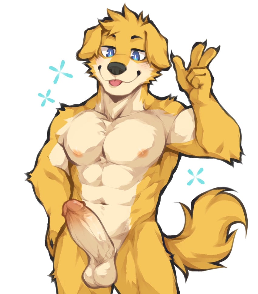 abs anthro balls canid canine canis casual_erection casual_nudity domestic_dog erection flunky fur genitals hi_res humanoid_genitalia humanoid_hands humanoid_penis male mammal muscular muscular_anthro muscular_male navel nipples nude pecs penis simple_background solo solo_focus tail