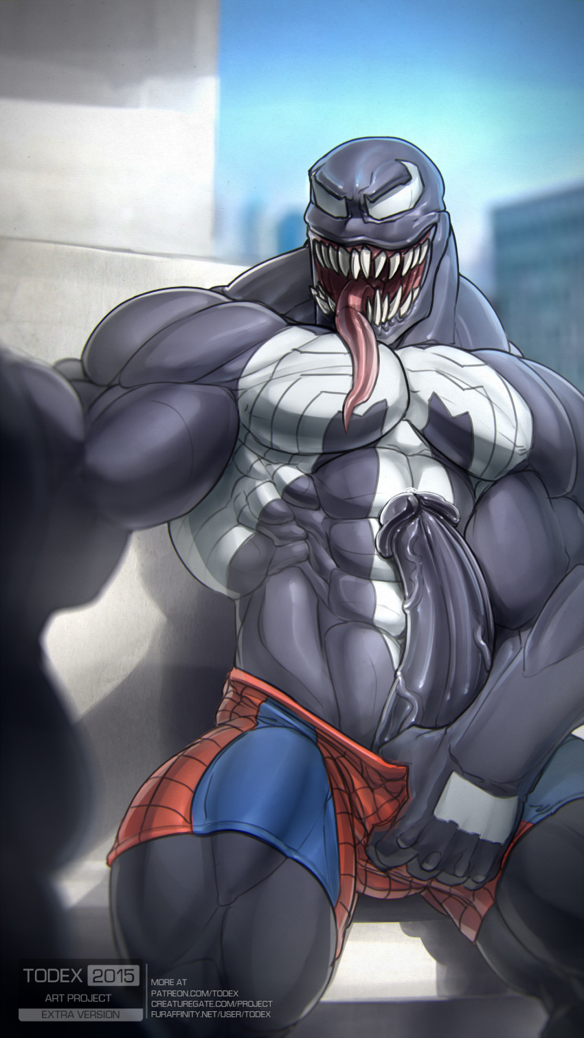 balls bara big_penis boner dark_body erection long_tongue male male_only marvel marvel_comics muscles muscular penis sharp_teeth solo solo_male todex underwear venom venom_(marvel)