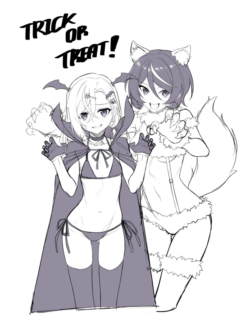 2girls :d animal_costume animal_ear_fluff animal_ears bat_hair_ornament bat_ornament bat_wings bell bikini black_cloak black_gloves black_thighhighs blush bob_cut bow breasts choker christina_brecht claw_pose claws cloak counter:side cropped_legs crossed_bangs elbow_gloves english_text eyebrows_hidden_by_hair fangs female flat_chest food-themed_hair_ornament fur-trimmed_gloves fur-trimmed_thighhighs fur_bikini fur_collar fur_trim gloves grey_eyes grin hair_behind_ear hair_between_eyes hair_ornament hairbow half_gloves halloween halloween_costume head_wings high_collar highres jingle_bell light_blush looking_at_viewer medium_breasts midriff monochrome multicolored_hair multiple_girls navel neck_bell nervous_smile open_mouth parted_bangs pumpkin_hair_ornament revenant_(counter:side) short_hair side-tie_bikini_bottom side_ponytail simple_background sketch skull_hair_ornament smile streaked_hair supernew suspenders sweatdrop swimsuit swimsuit_under_clothes tail thighhighs trick_or_treat underboob vampire_costume white_background white_thighhighs wings wolf_costume wolf_ears wolf_tail