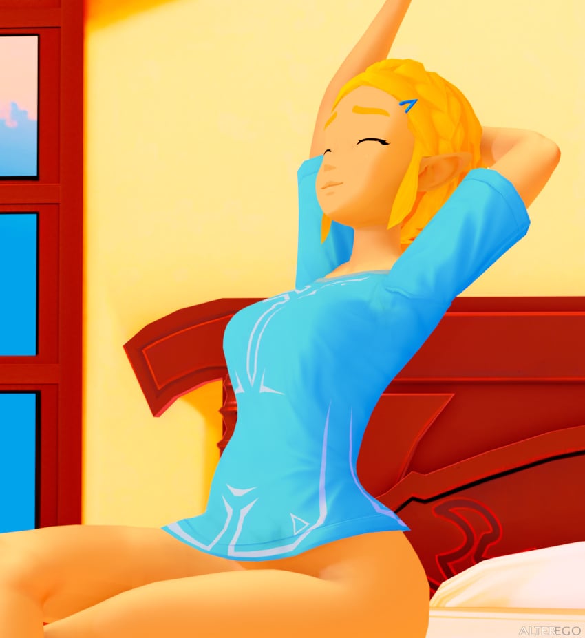 1girls 3d alterego bed blonde_hair blue_sky bottomless breath_of_the_wild champion's_tunic closed_eyes cloud elf_ears elf_female hylian_ears koikatsu princess_zelda short_hair sitting_on_bed smiling stretching tears_of_the_kingdom the_legend_of_zelda window zelda_(tears_of_the_kingdom)