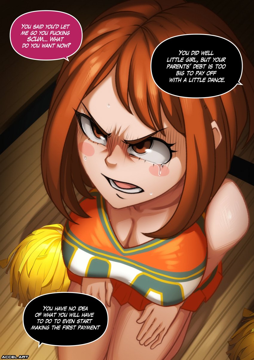 1boy 1girls accelart angry blackmail boku_no_hero_academia breasts brown_eyes brown_hair cheerleader cheerleader_uniform cleavage crop_top crying_with_eyes_open debt english_text femsub glaring huge_breasts imminent_rape kneeling maledom miniskirt my_hero_academia ochako_uraraka prostitution short_hair skirt text u.a._cheerleader_outfit uraraka_ochako