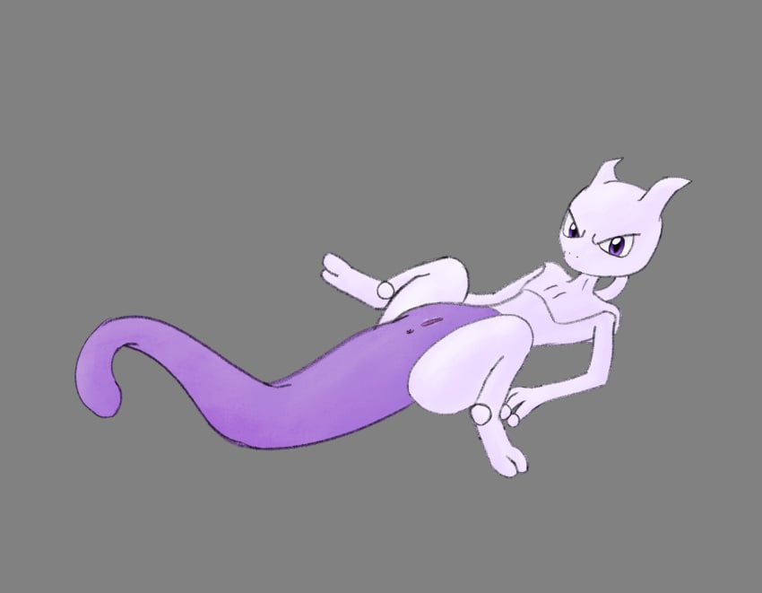 absurd_res anthro anus digital_drawing_(artwork) digital_media_(artwork) female generation_1_pokemon genitals grey_background hi_res horn legendary_pokemon looking_at_viewer lying mewtwo nintendo on_back on_model piipperi pokemon pokemon_(species) presenting presenting_anus presenting_pussy purple_body purple_eyes purple_tail pussy simple_background snout solo spread_legs spreading tail white_body