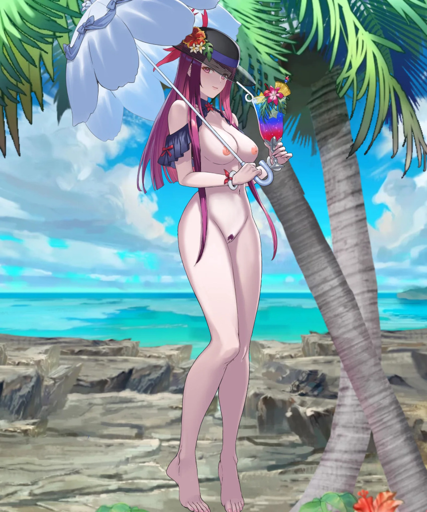 1girls alternate_costume bare_legs barefoot beach beauty_mark breasts cuboon drink edit female female_only female_pubic_hair fire_emblem fire_emblem_engage fire_emblem_heroes full_body hat ivy_(fire_emblem) ivy_(summer)_(fire_emblem) large_breasts legs looking_at_viewer mole mole_under_mouth nail_polish naked_hat nintendo nipples nude nude_female nude_filter nudist nudist_beach ocean official_alternate_costume palm_tree parasol pink_eyes pink_nails pubic_hair purple_hair pussy rock samuraijam34 smile solo tree umbrella very_long_hair