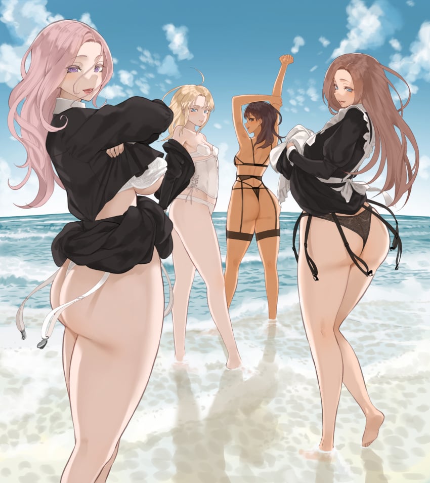 4girls beach big_breasts blue_eyes dark_hair lifting_shirt lingerie maid medium_breasts original pink_hair purple_eyes smooth_skin throtem