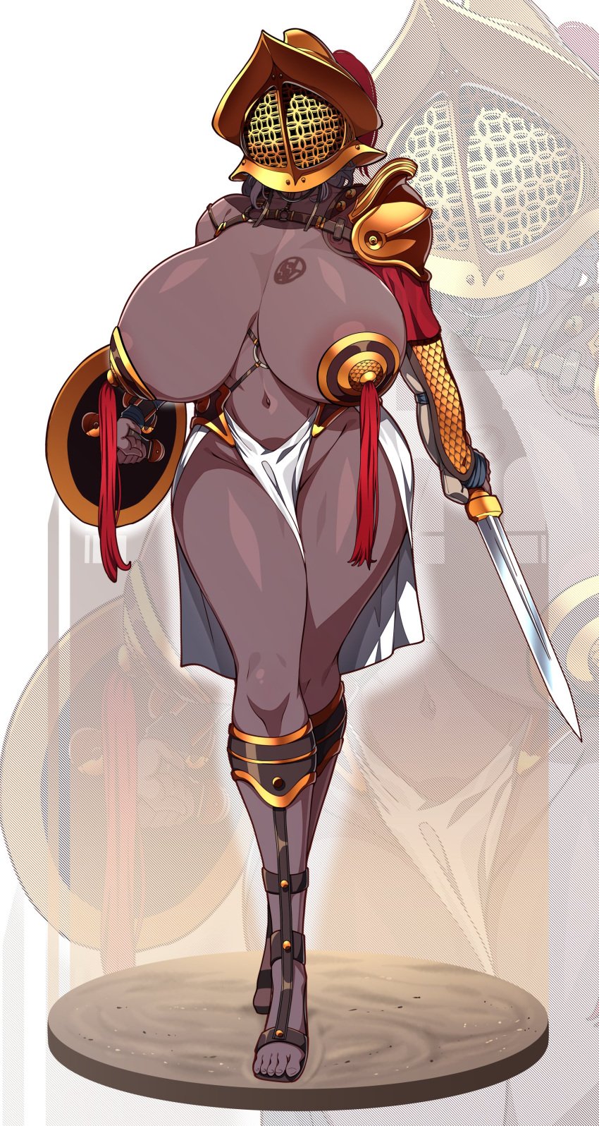 1girls big_breasts breasts dark-skinned_female dark_skin female female_only gigantic_breasts helmet huge_breasts konoshige_(ryuun) large_breasts original ryuun_(stiil) shield skimpy_clothes slave_gladiatrix_(konoshige) solo sword sword_and_shield