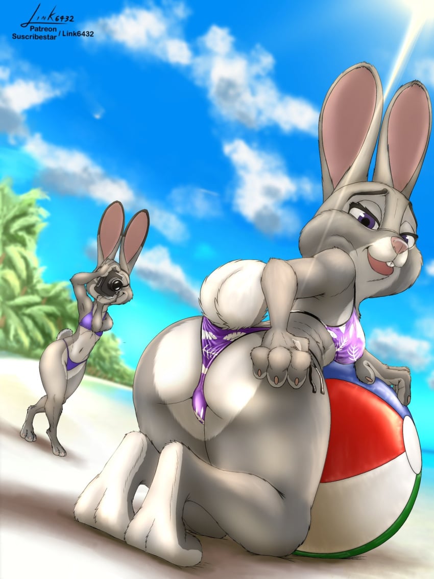 ass ass_focus beach beach_ball bikini bonnie_hopps bunny camera judy_hopps link6432 looking_at_viewer mother_and_daughter posing purple_eyes seductive_look zootopia