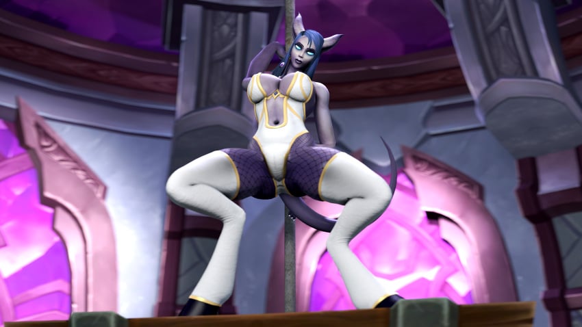 1girls 3d ass ass blue_eyes blue_hair breasts draenei hooves horn kaminakirei leotard lylly pantyhose pole_dancing purple_skin source_filmmaker stockings tail world_of_warcraft