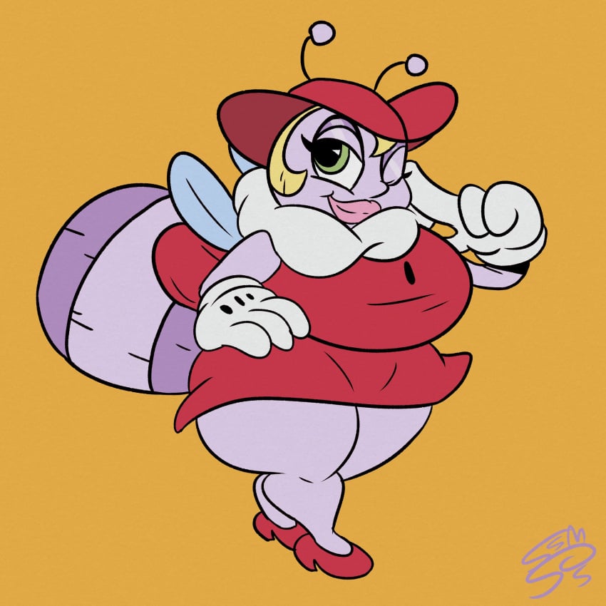 1girls 2022 4_fingers anthro big_breasts blonde_hair bug cartoony cuphead_(game) female female_only fur_collar gloves green_eyes hand_on_hip high_heels light_bug_(cuphead) lipstick looking_at_viewer red_dress solarmannstudio solo supahstudiomann_(artist) thick_thighs thunder_thighs wide_hips wink winking winking_at_viewer