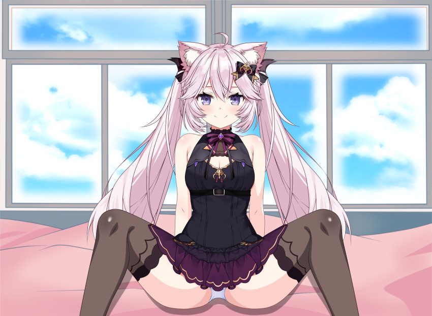 achmad_faisal cat_ears catgirl indie_virtual_youtuber legs_spread medium_breasts nyatasha_nyanners pink_hair purple_eyes sitting smiling_at_viewer thighhighs twintails upskirt virtual_youtuber vtuber white_panties