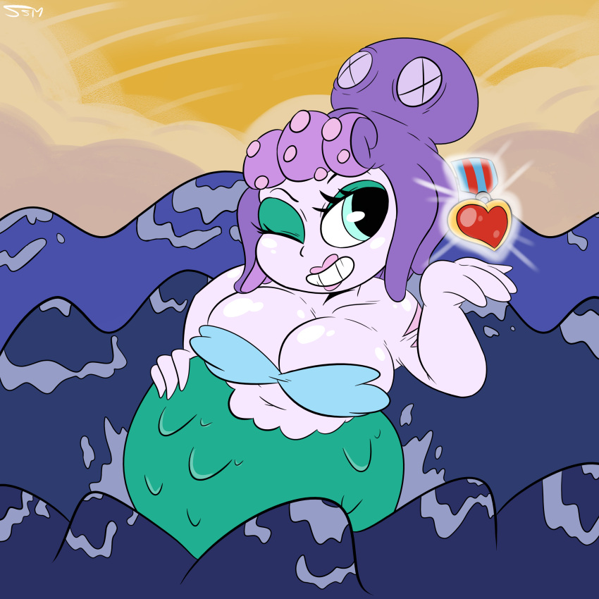 1girls 2019 4_fingers big_breasts blue_eyes cala_maria cartoony cuphead_(game) eyelashes female female_only hand_on_hip lipstick looking_at_viewer mermaid pink_body smile smiling smiling_at_viewer solarmannstudio solo supahstudiomann_(artist) thick_thighs wide_hips wink winking winking_at_viewer