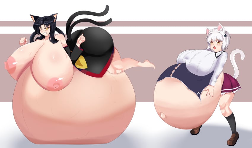 2girls cat_ears cat_tail commission gigantic_belly gigantic_breasts high_school_dxd huge_breasts hyper_belly hyper_breasts hyper_pregnancy koneko_toujou kuroka_(high_school_dxd) on_stomach palitexx pregnant