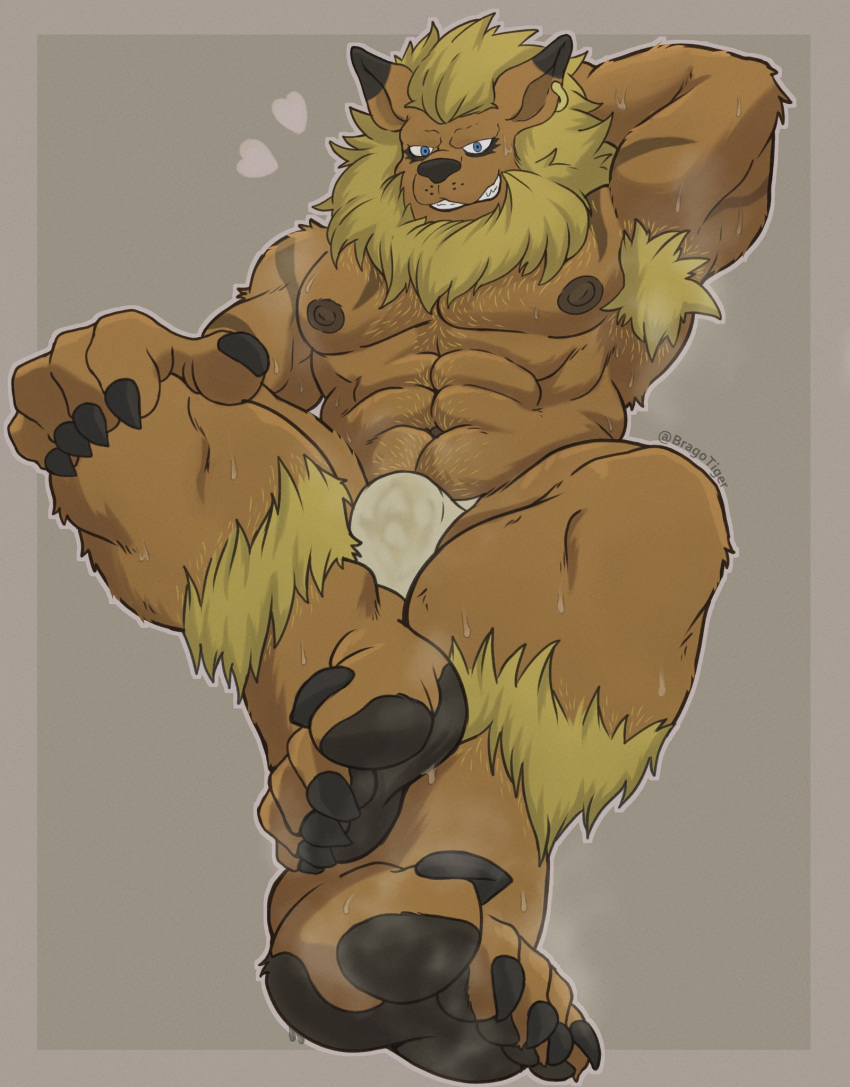 anthro armpit_hair asian_clothing bandai_namco body_hair bragotiger claws clothing digimon digimon_(species) east_asian_clothing felid foot_fetish fundoshi hi_res japanese_clothing leomon lion male male_only mammal mane muscular muscular_anthro muscular_male nipples pantherine pawpads solo underwear