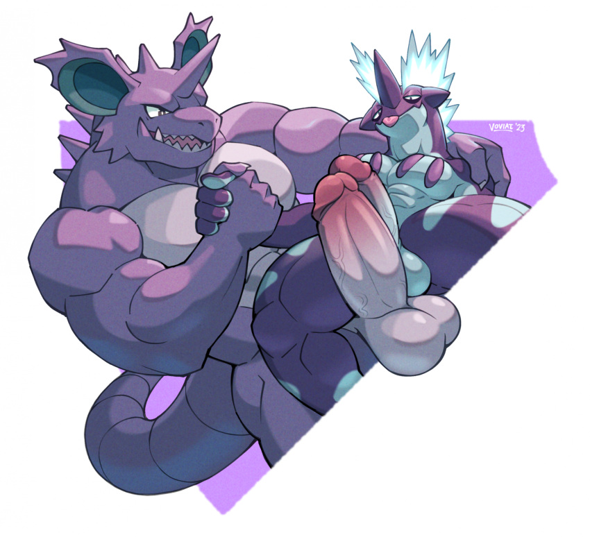 2023 2boys abs anthro balls bara big_penis duo erection gay genitals hi_res low_key_toxtricity male male_only muscular muscular_male nidoking nintendo nude penis pokemon pokemon_(species) purple_body reptile scalie sharp_teeth simple_background size_difference stiffy teeth thick_penis tongue tongue_out voviat white_background yaoi