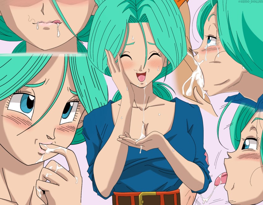 age_difference big_breasts big_penis blue_eyes blue_hair blush bulma bulma_(dragon_ball) bulma_briefs clothing cum cum_in_mouth cumshot cumshot_in_mouth dragon_ball dragon_ball_z embarrassed female future_bulma future_gohan licking_cum licking_fingers long_hair medium_breasts milf oral_sex pubic_hair pubic_hair_in_mouth son_gohan tied_hair xeno_doujin