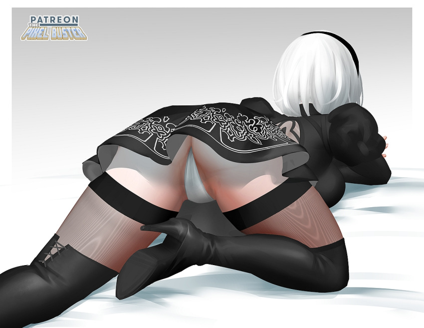 1girls 2022 artist_logo artist_name ass bent_leg black_skirt dress female female_only heels high_heel_boots lying lying_on_stomach medium_hair nier:_automata panties rear_view ribbon solo stockings thepixelbuster thighhighs white_hair white_panties yorha_2b