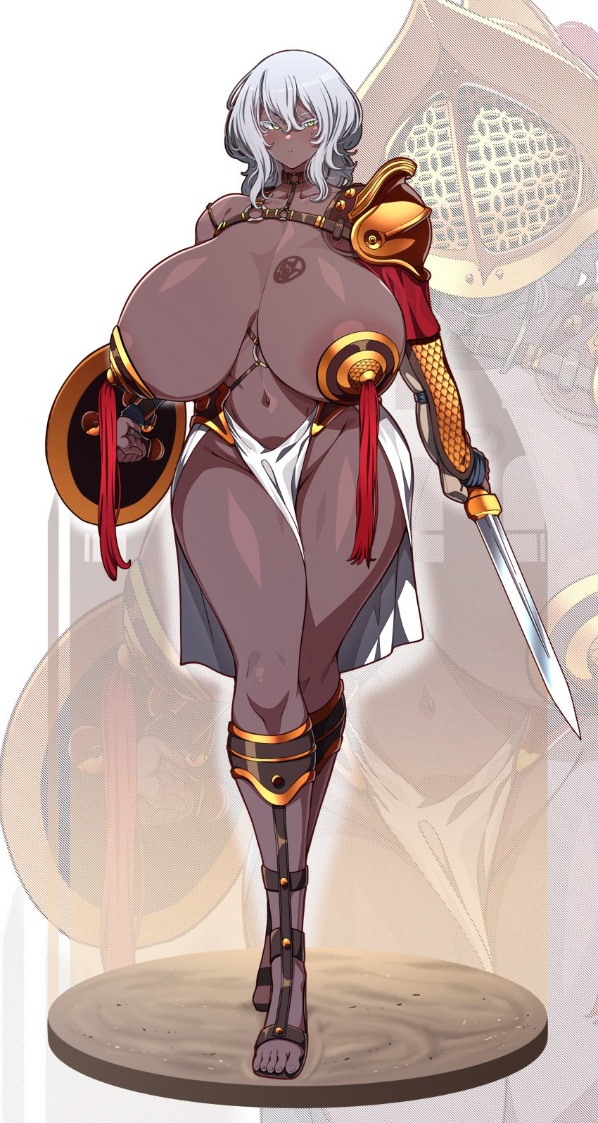 1girls 2023 absurd_res areola_slip areolae arm_armor armor asymmetrical_armor blush branded breasts collar dark-skinned_female dark_skin feet female female_only full_body gigantic_breasts gladiator gladiator_sandals gladius hair_between_eyes helmet highres holding_shield holding_sword holding_weapon konoshige_(ryuun) large_areolae loincloth navel original pasties pauldrons revealing_clothes ryuun_(stiil) sand sandals shield silver_hair single_pauldron slave slave_gladiatrix_(konoshige) solo standing sword tassel toes unconvincing_armor weapon yellow_eyes zoom_layer