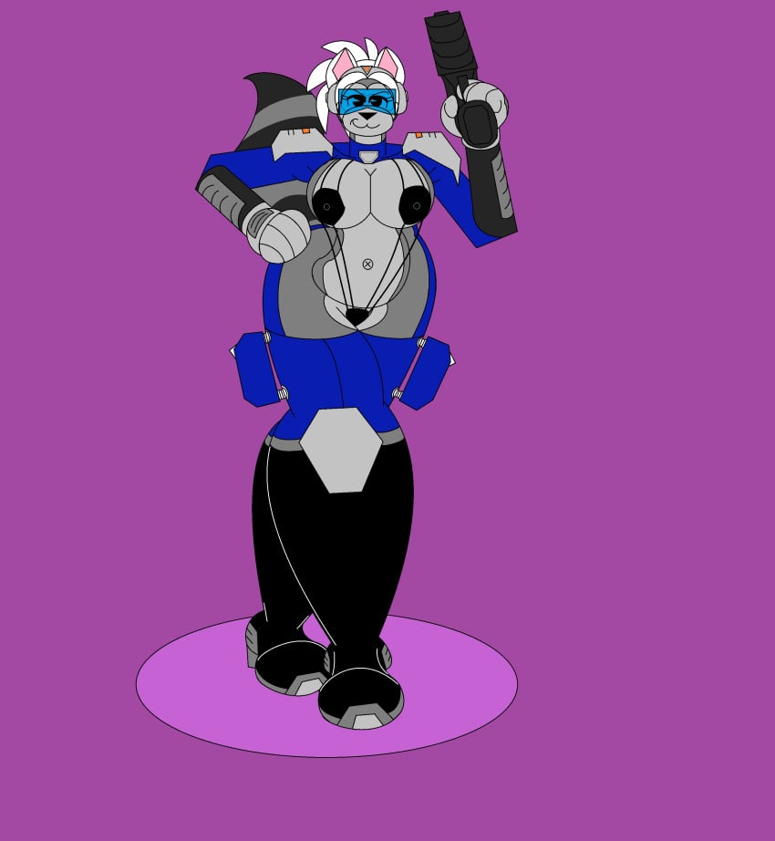 belly big_breasts big_hips blear_the_raccoon cartoony chubby_female cosplay costume furry laser_gun marlon64 purple_background raccoon_girl spacesuit swimsuit white_hair