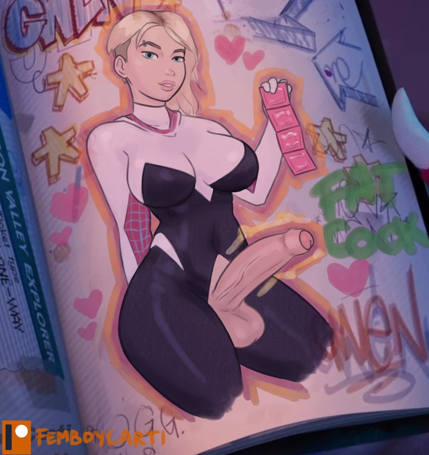 1futa accurate_art_style balls big_breasts big_penis blonde_hair blue_eyes bodysuit book breasts canonical_scene clothed clothing condom condom_wrapper crotchless drawing erection femboycarti foreskin futa_only futanari gwen_art_check gwen_stacy holding_condom holding_object human light-skinned_futanari light_skin marvel mostly_clothed partially_retracted_foreskin penis penis_out piercing short_hair solo spider-man_(series) standing tomboy uncut veiny_penis