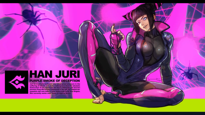 1girls 3840x2160 4k black_hair bodysuit capcom eyepatch female female_only fully_clothed juri_han looking_at_viewer official_art painted_nails painted_toenails skin_tight solo spider street_fighter street_fighter_6 tagme text