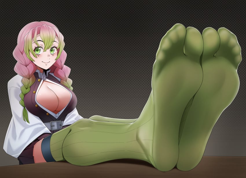 absurdres big_boobs big_breasts breasts cleavage cleavage_cutout demon_slayer feet feet_visible_through_clothing female foot_fetish foot_focus fully_clothed gradient_hair green_eyes green_socks green_thighhighs highres kanroji_mitsuri kimetsu_no_yaiba long_hair looking_at_viewer multicolored_hair pink_hair smile socks soles tabi thighhighs toes toes_visible_through_clothing tsa two-tone_hair